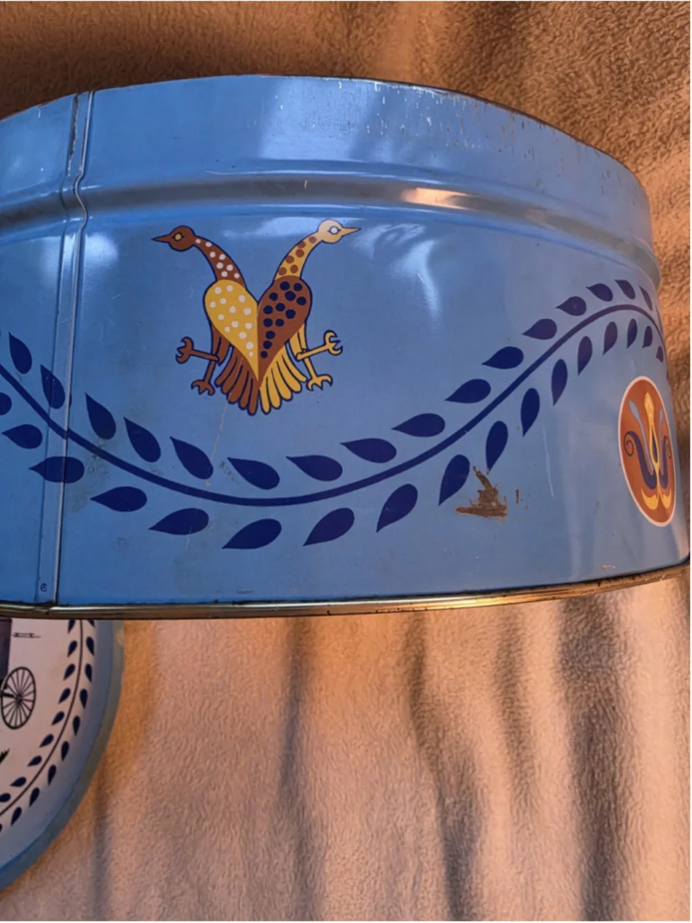 Vintage 1970s Pennsylvania Dutch Blue Metal Cookie Tin Tray Lid Folk Art Amish